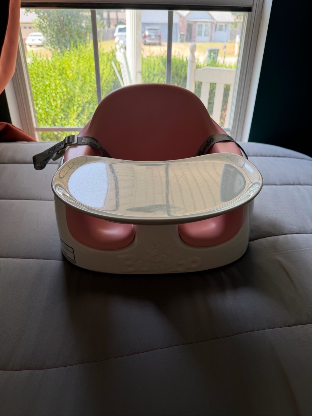 Pink Baby Booster Seat with White Tray and Safety Straps